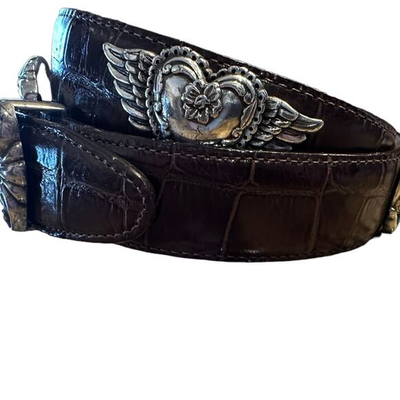 Brighton Women’s Med Brown Crocodile Leather Belt Heart ShapedTrim Silver Buckle main image 6